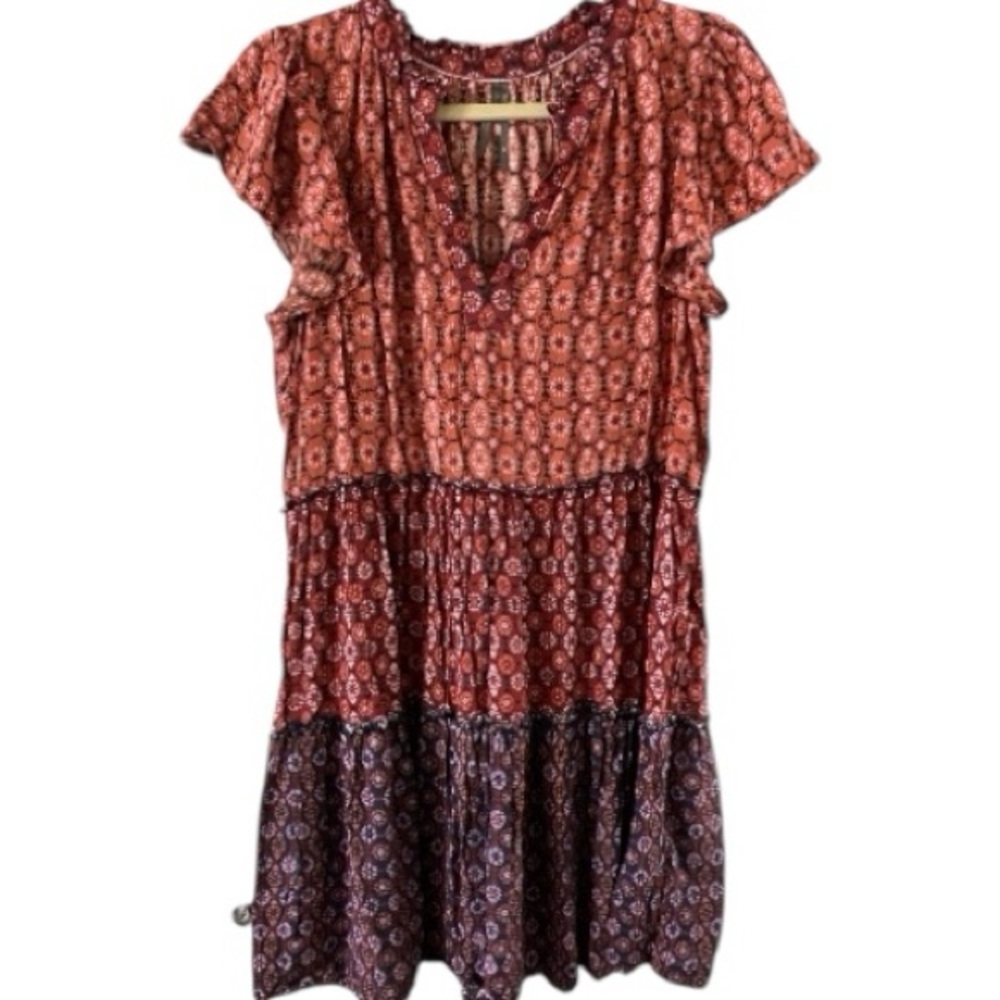 By Anthropologie Tiered Dress, Mini, Geometric, Sz M, Modal, Boho, Peasant